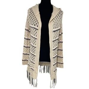 Anthropologie Paper Crane Long Cardigan Hoodie Size Medium Cream Boho Fringe